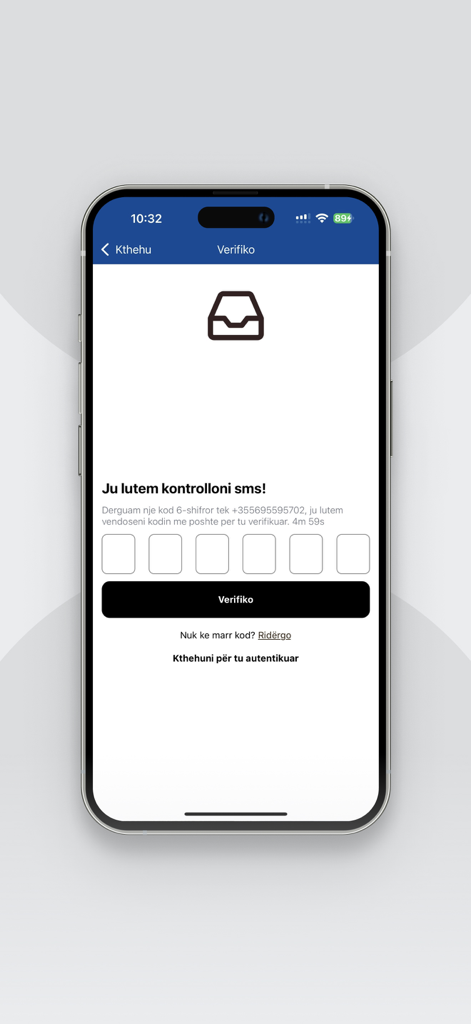 Mundësia - SMS verification screen of the Mundesia app featuring a six digit code input field and a verification button