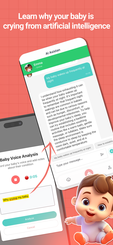 Baby Routine! - Baby Tracker - Interfaz de la aplicación Baby Routine mostrando un chat de asistente de IA y una función de análisis de voz de bebé para ayudar a los padres a comprender los patrones de llanto.