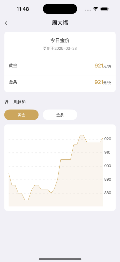 金价-中国黄金价格查询 - Mobile app screen showing daily gold prices and a monthly price trend chart for Chow Tai Fook.