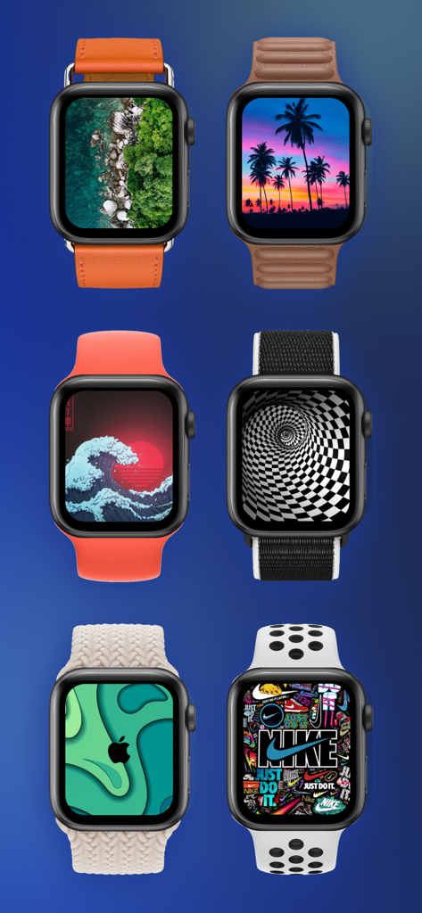 多様なカスタムフェイスデザインとスタイリッシュなウォッチバンドを特徴とする6つのApple Watchのギャラリー。