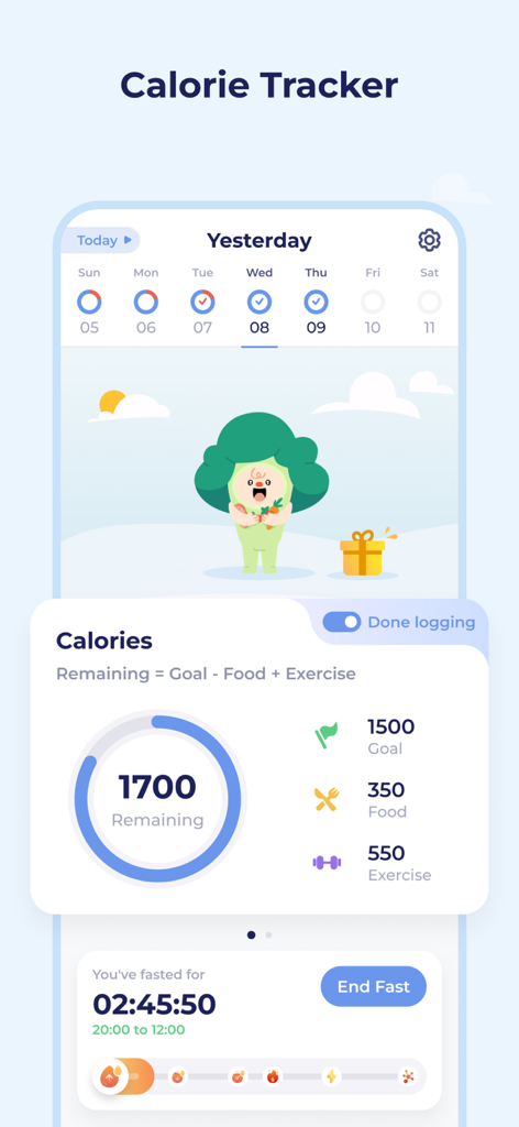 DietBuddy - AI Food Tracker - DietBuddy app dashboard showing calorie tracking progress and a fasting timer with an adorable broccoli mascot