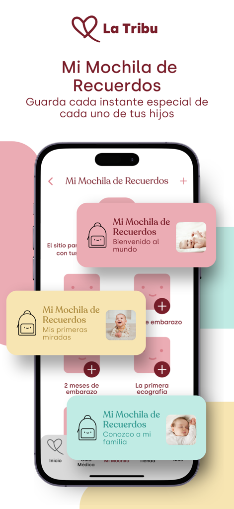 La Tribu de Lucía mi pediatra - Interfaccia dell'app La Tribu che mostra la funzionalità dello zaino digitale per salvare ricordi del bambino e tappe della gravidanza