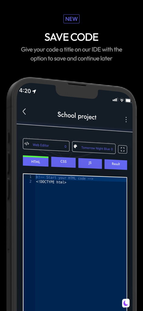 aptLearn - AptLearn app screen showing a mobile code editor for a web project with HTML and CSS tabs