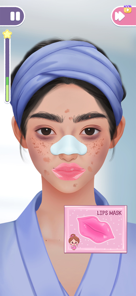 Skincare Time: Makeover ASMR - Un personnage dans un jeu mobile recevant une métamorphose de soin de la peau avec un masque nasal et un masque à lèvres