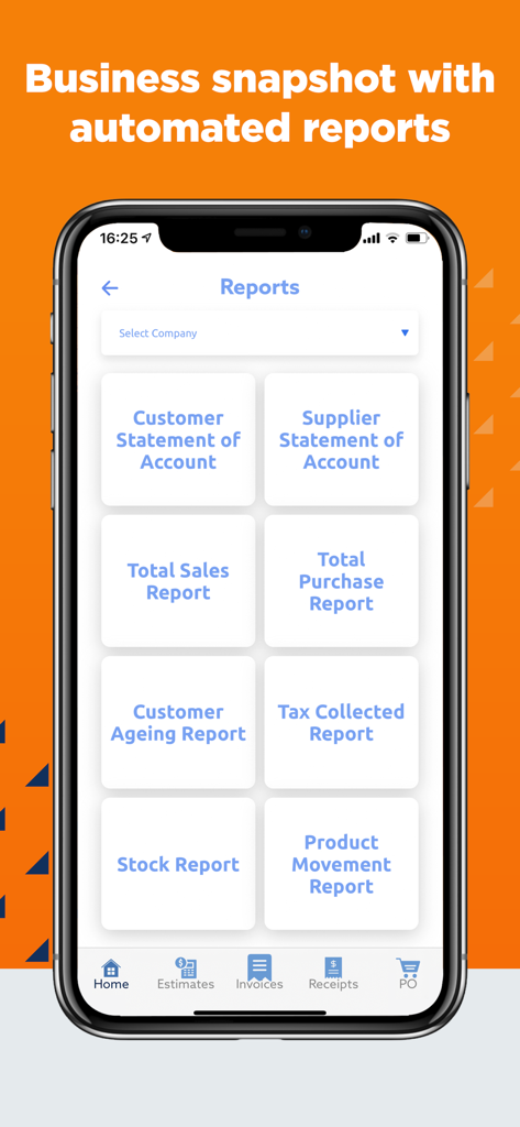 Simple Invoice Maker & Receipt - Interfaz móvil de la aplicación SIR que muestra un resumen comercial con informes automatizados de ventas, impuestos e inventario