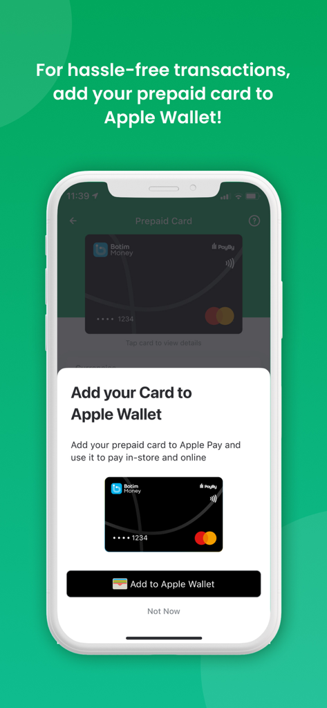 PayBy – Mobile Payment - PayBy app interface showing the option to add a Botim Money prepaid card to Apple Wallet for mobile payments