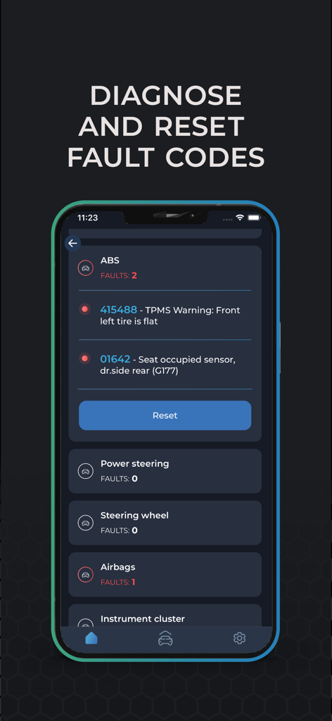 Carista OBD2 - Smartphone screen showing the Carista OBD2 app interface with car diagnostic fault codes for ABS and airbags and a reset button.