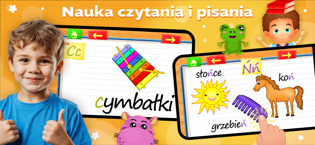 Gra Alfabet dla Dzieci - A young boy giving a thumbs up next to screens from a Polish alphabet learning app featuring letters and illustrations like a sun and horse
