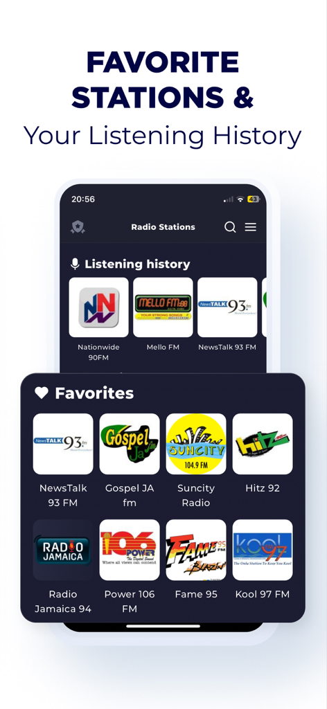 Jamaica Radio Live app interface showing favorite stations and listening history