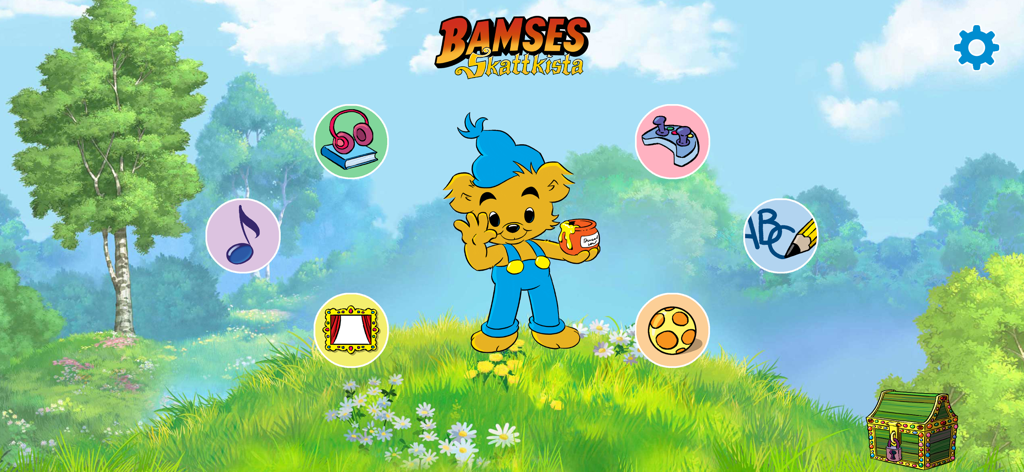 Bamses Skattkista - Main menu of the Bamses Skattkista app featuring Bamse the bear and activity icons for games and stories