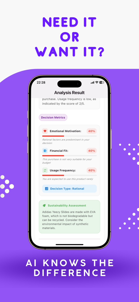 Why Buy: Stop Impulse Buying - Why Buyアプリのインターフェース。意思決定指標と持続可能性評価を備えた、潜在的な購入のAI分析を表示します。