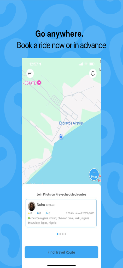 MyCoPilot - Ride sharing - MyCoPilot app interface showing a map view and options to join pre-scheduled ride sharing routes.