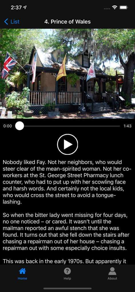 Mobile app screenshot of the Ghosts of St Augustine tour showing the Prince of Wales stop with audio narration and ghost story text.