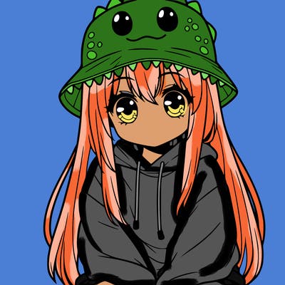 girl with anime shaped eyes with a dinosaur bucket hat oversized sweatshirt long straight hair