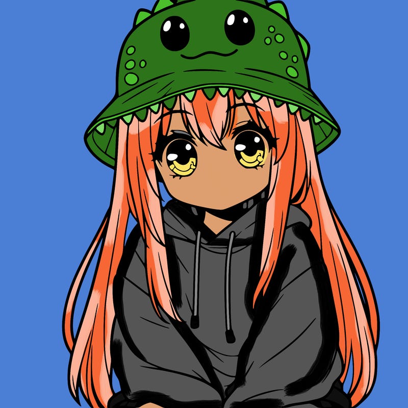 girl with anime shaped eyes with a dinosaur bucket hat oversized sweatshirt long straight hair
