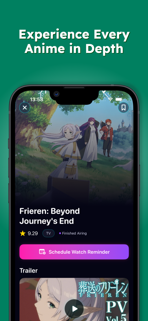 The Animekai - Space of Anime - The Animekai app interface displaying detailed information and a watch reminder button for the anime Frieren Beyond Journeys End