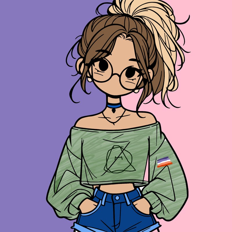 girl with a messy ponytail glasses a baggy crop top and jean shorts