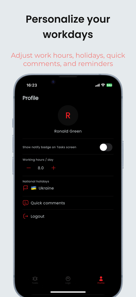 RedLog app profile screen for personalizing work hours and holiday settings