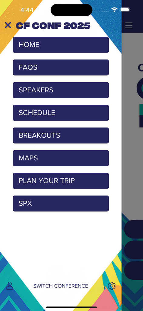 Christ Fellowship Conference - Main navigation menu for the Christ Fellowship Conference app with links to schedule, speakers, and maps