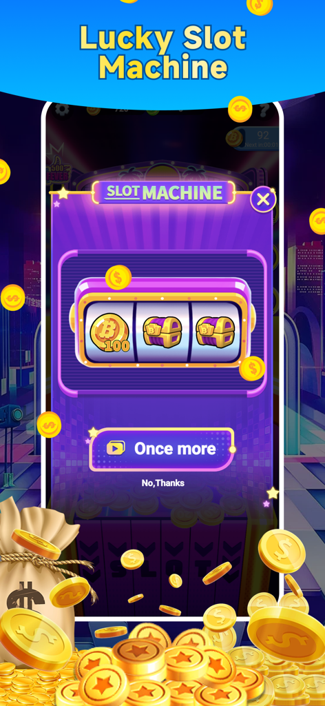 Lucky Pusher: Coin Dozer Game - Lucky Pusher in-game screenshot showing the Lucky Slot Machine feature with reels displaying gold coins and treasure chests