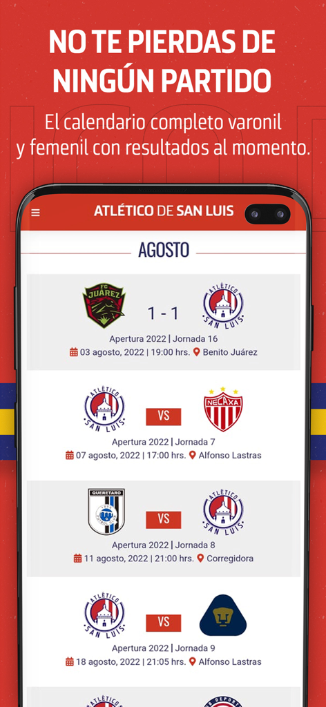 Atlético de San Luis - Atlético de San Luis app match schedule screen showing soccer results and upcoming game dates