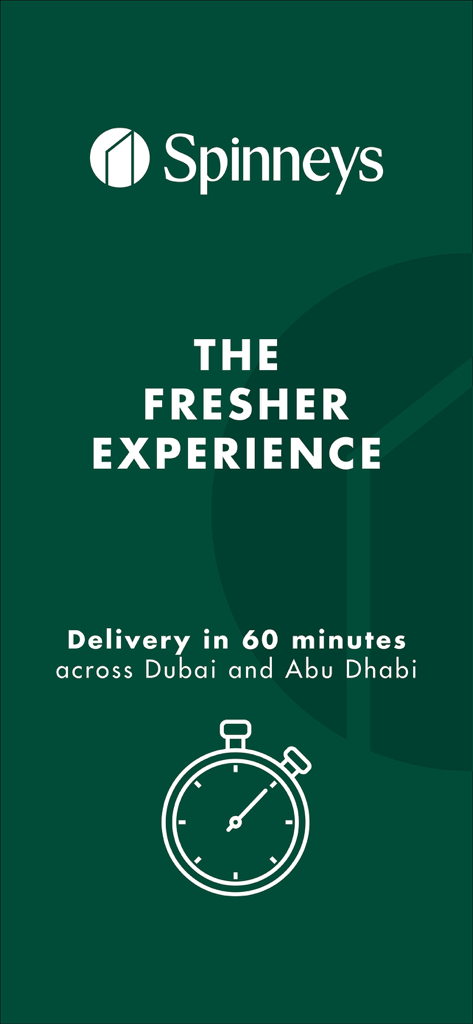 Spinneys app splash screen highlighting 60 minute delivery in Dubai and Abu Dhabi
