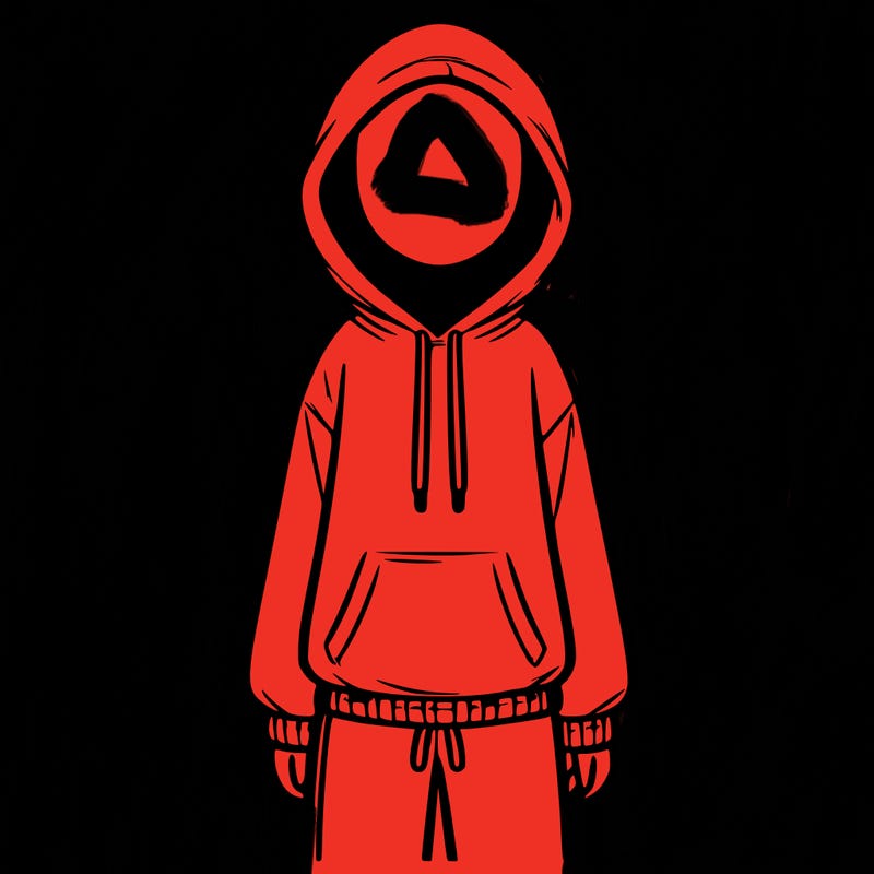 faceless girl in a tracksuit with a hood on and no hair