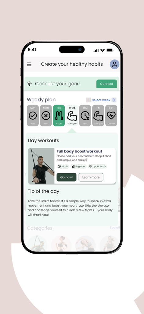 Habeats fitness - Painel do aplicativo Habeats fitness mostrando um plano de treino semanal e recomendações de exercícios diários