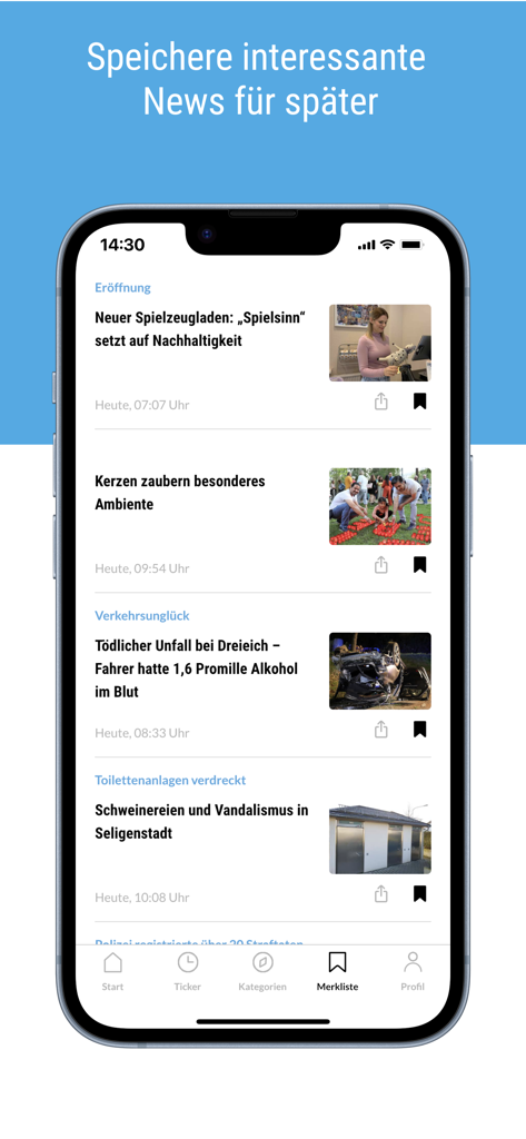 op-online.de - A smartphone screen showing the bookmarks feature of the op-online news app with a list of saved German local news articles.