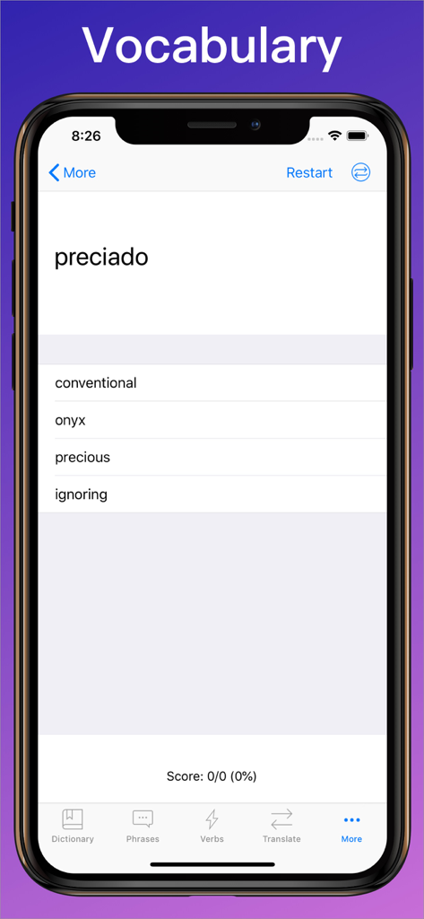 Spanish Translator app showing a multiple choice vocabulary quiz for the Spanish word preciado