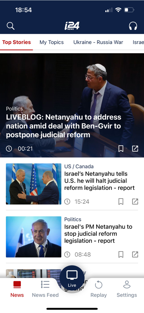 i24NEWS app interface showing a feed of top news stories regarding international politics and Middle East events