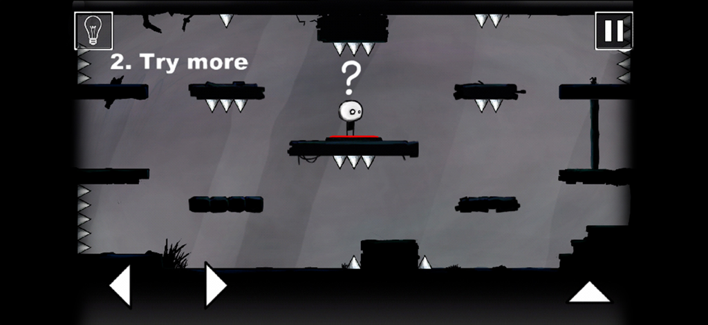 That Level Again - A minimalist gameplay screenshot of That Level Again showing a character on a platform surrounded by spikes in a dark puzzle room.