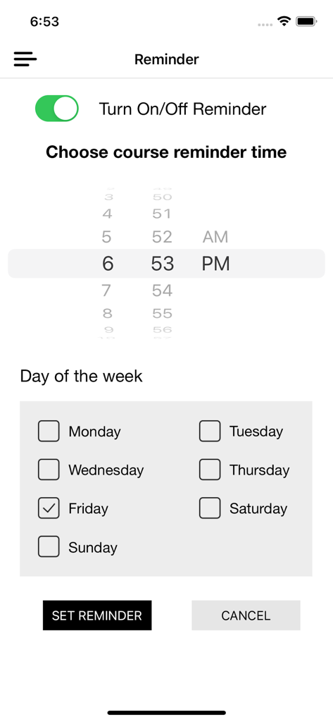 Tela de configurações de lembrete do curso com seletor de hora e seleção do dia da semana