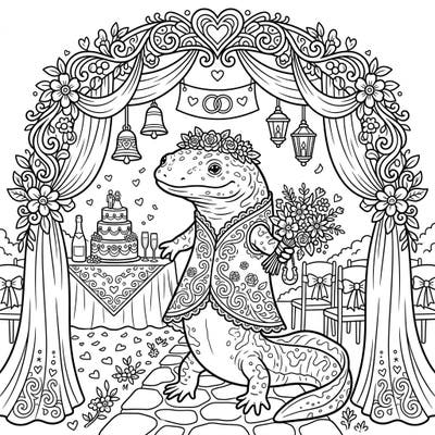 Discover a truly one-of-a-kind wedding scene featuring a delightful Hellbender adorned for the big day. This intricate coloring page blends charming animal imagery with elegant celebratory details for a unique artistic experience.