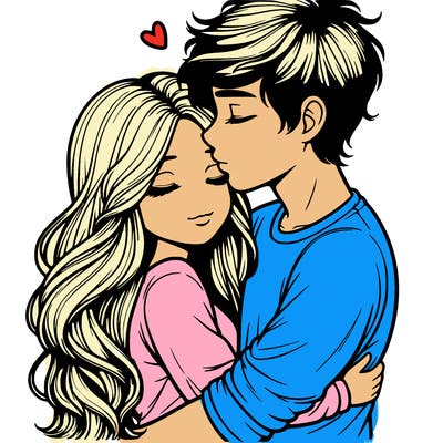 a realistic couple boy and girl hugging and kissing