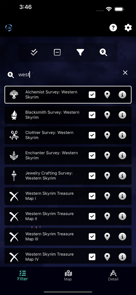 ESO Surveyor - Search results list for Western Skyrim surveys and treasure maps in the ESO Surveyor mobile app