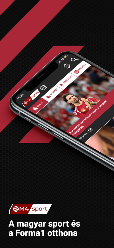 M4 Sport mobile app home screen showing Hungarian sports news and Formula 1 sections