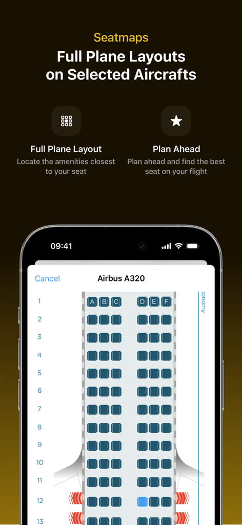 Track Live Flights - Mileways - Mileways app displaying an Airbus A320 seatmap layout for flight planning.