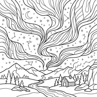 Journey to the Southern Hemisphere and color the breathtaking Aurora Australis with this delightful page. It's perfect for young artists to bring vibrant life to a magical night sky, serene mountains, and a cozy cabin scene.