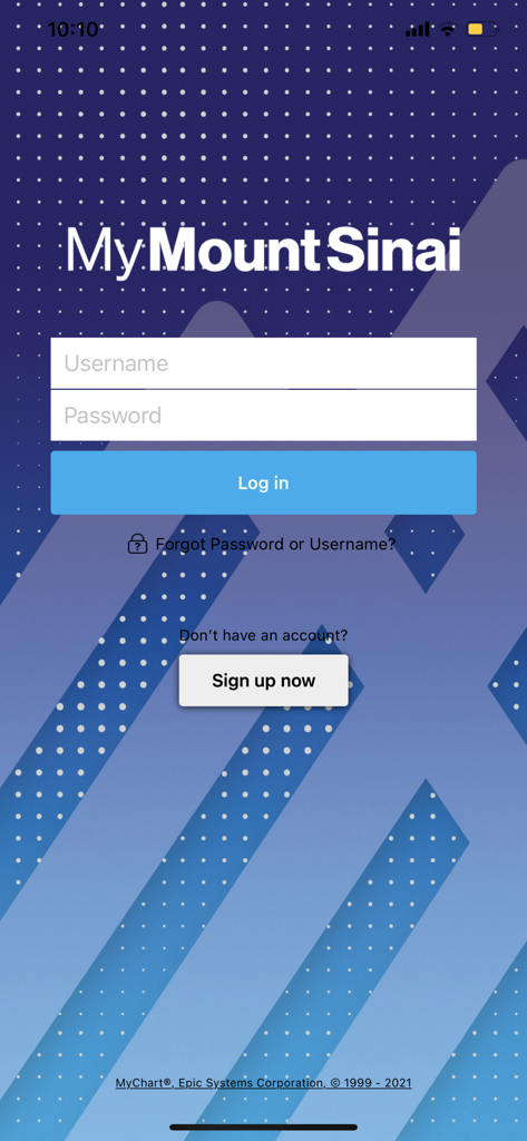 Login screen for the MyMountSinai healthcare app showing username and password fields.