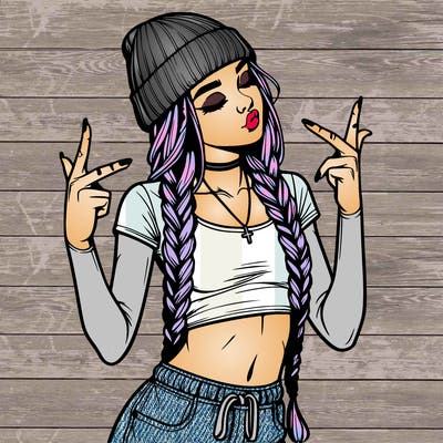 realistic teenage girl with braids and a beanie and crop top doing 🫶🏼