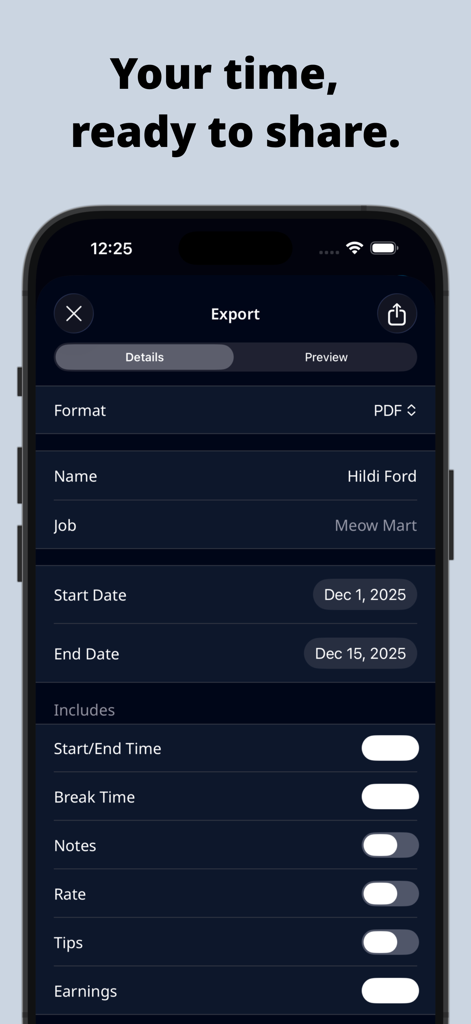 Clock Inアプリのエクスポート画面。PDF形式オプションとカスタマイズ可能なタイムシートの詳細を表示。