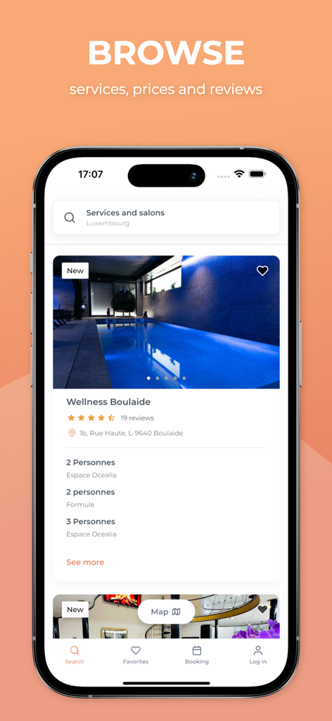 Salonkee: Find & Book Salons - Schermata dell'app mobile Salonkee che mostra un elenco di centri benessere locali con foto e recensioni