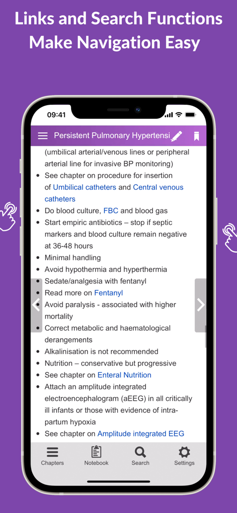 Directives cliniques pour l'hypertension pulmonaire persistante dans l'interface de l'application mobile Neonatal Guide.