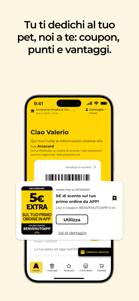 Arcaplanet – Pet store online - Schermata dell'app mobile Arcaplanet che mostra un coupon di benvenuto e informazioni sulla carta fedeltà