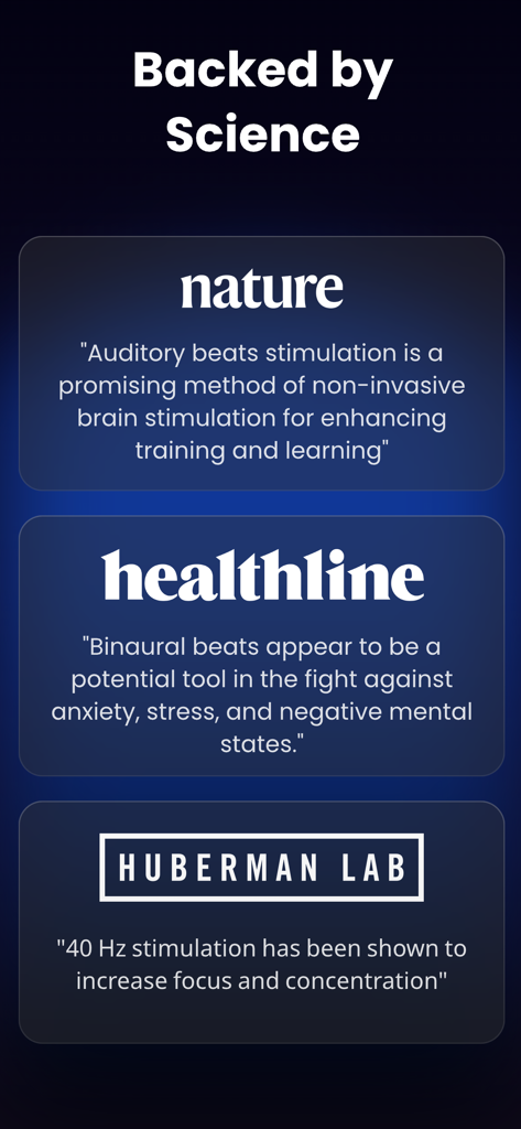 Sleep Dose: White Noise Remedy - Sleep Dose app screen displaying scientific endorsements from Nature, Healthline, and Huberman Lab for auditory beats and focus stimulation.
