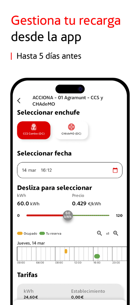Interfaccia dell'app Acciona recarga EV per prenotare un punto di ricarica per veicoli elettrici e selezionare i tipi di connettore.