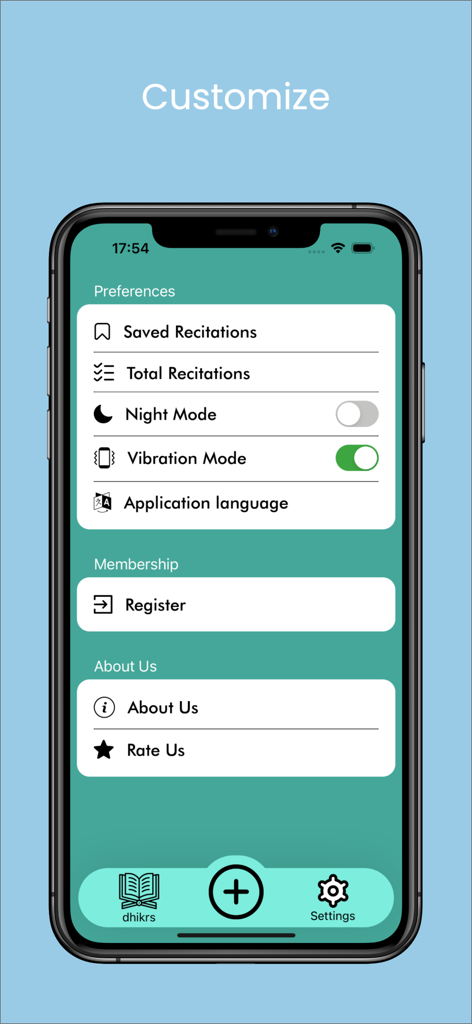 Zikirmatik: Sesli Zikirler - Settings screen of the Zikirmatik app showing user preferences like night mode and vibration mode