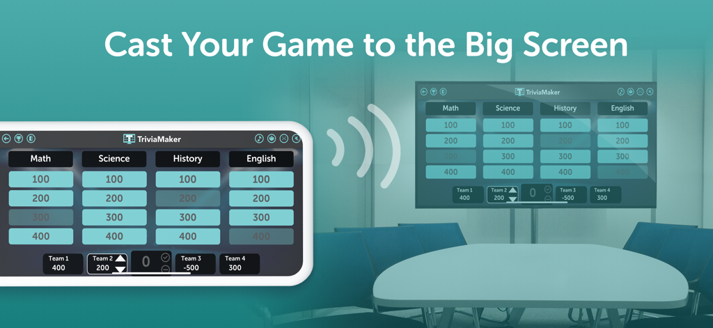 Trivia Maker - Quiz Creator - Un dispositivo móvil transmitiendo de forma inalámbrica un juego de trivia estilo Jeopardy a una pantalla grande en una sala de conferencias.