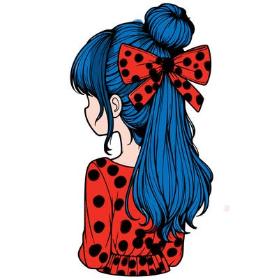 realistic girl  with hip length hair a bun and a big bow on the back of head